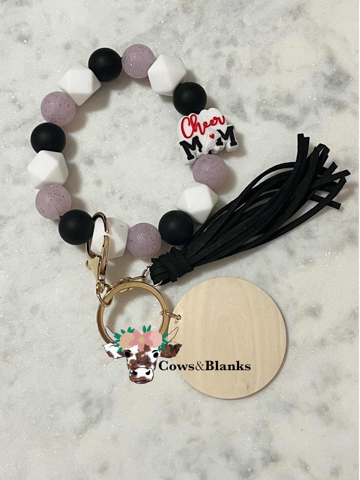 Proud Cheer Mom Pendent Stretch Silicone Wristlet With Tassel and Wooden Disk