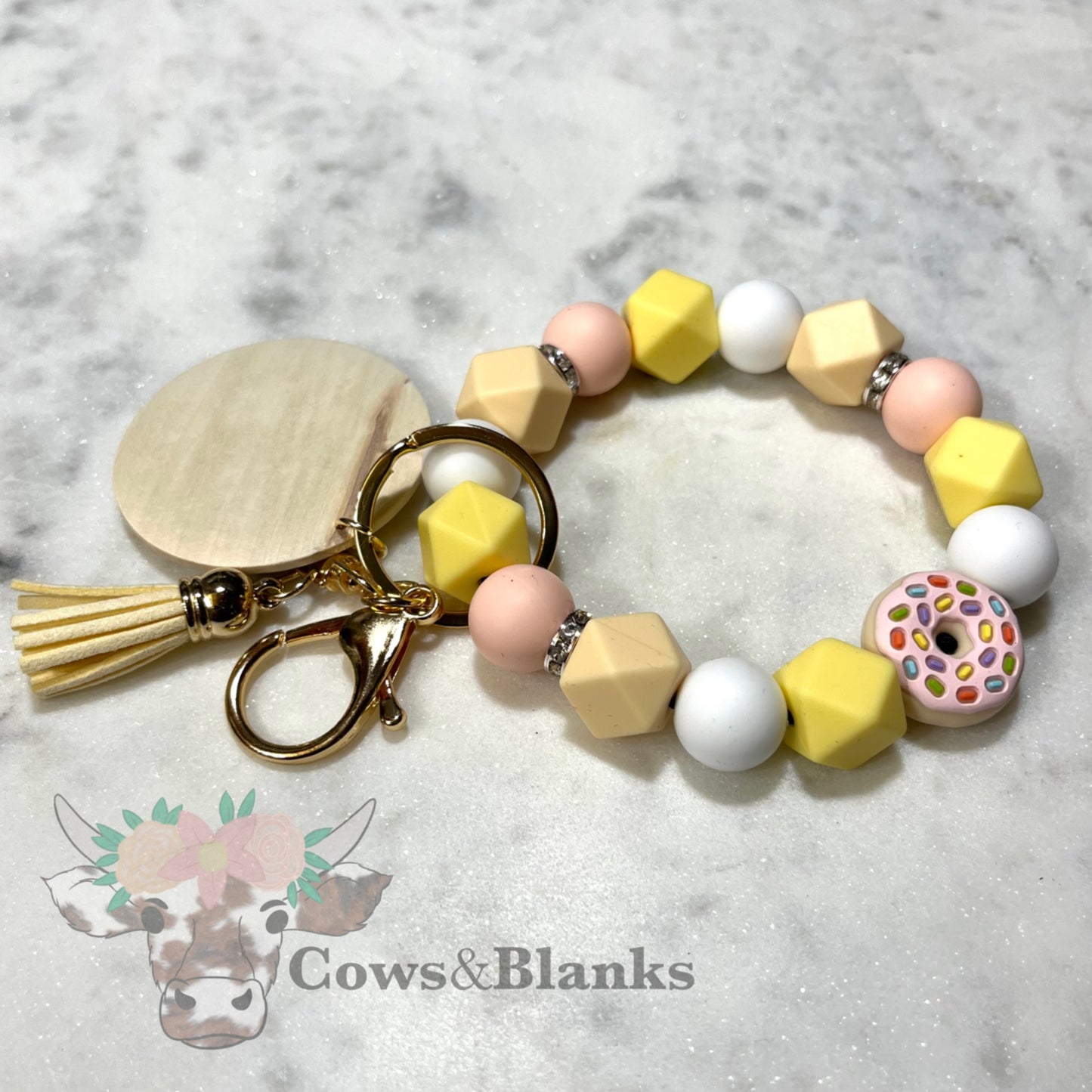Doughnut Silicone Beaded Stretch Wristlet Bracelet Keychain with Wooden Disc and Tassel