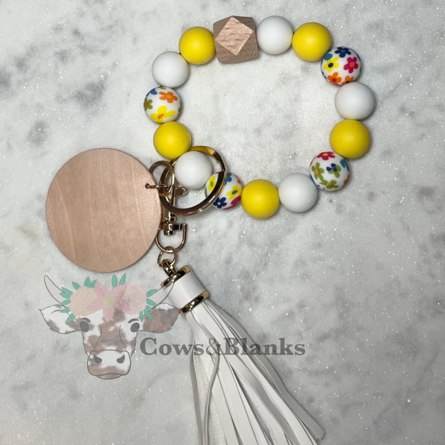 Happy Flowers with Bright Yellow and White Accent Beaded Stretch Wristlet Bracelet Keychain with Wooden Disc and Bead