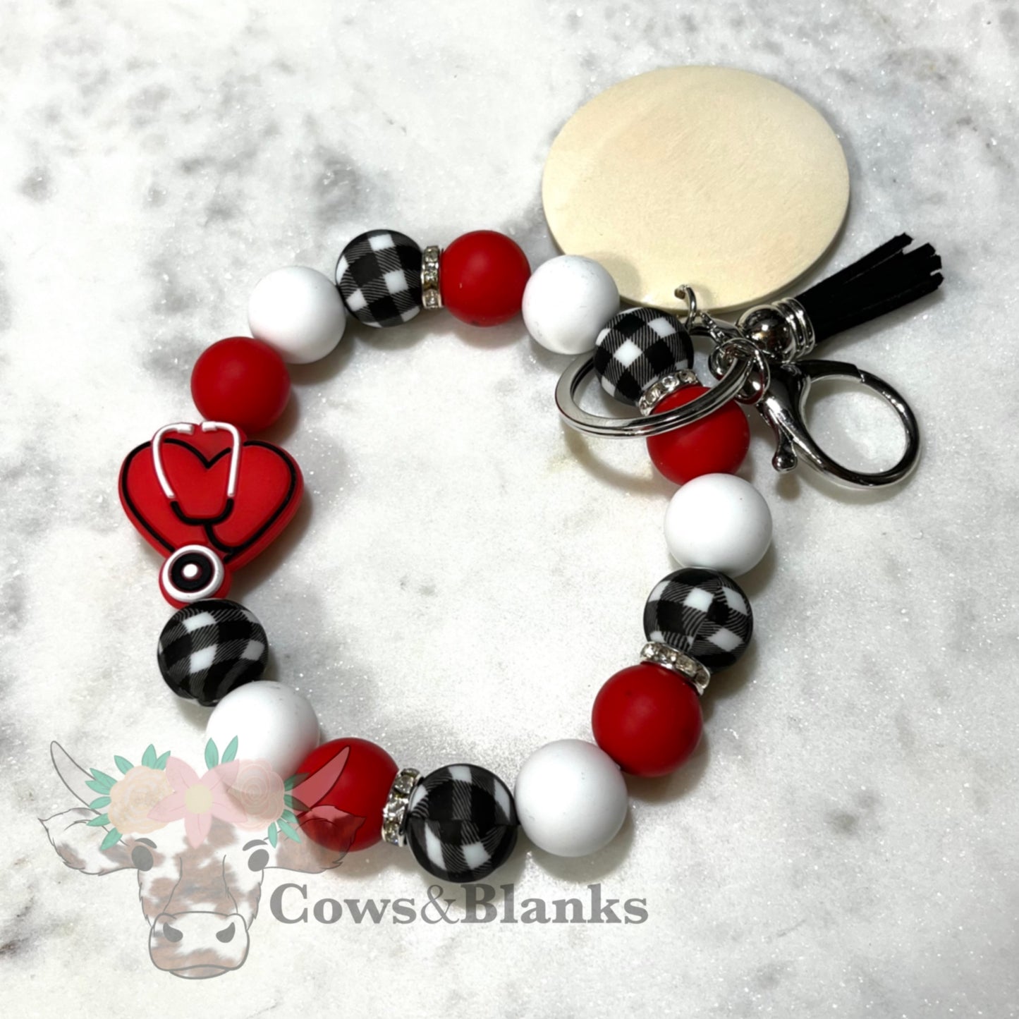 Stethoscope Medical Doctor Nurse Silicone Beaded Stretch Wristlet Bracelet Keychain with Wooden Disc and Tassel