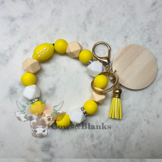 Lemon Silicone Beaded Stretch Wristlet Bracelet Keychain with Wooden Disc and Tassel