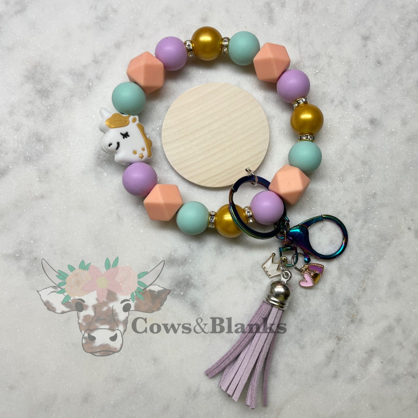 Unicorn Silicone Beaded Stretch Wristlet Bracelet Keychain with Wooden Disc and Tassel