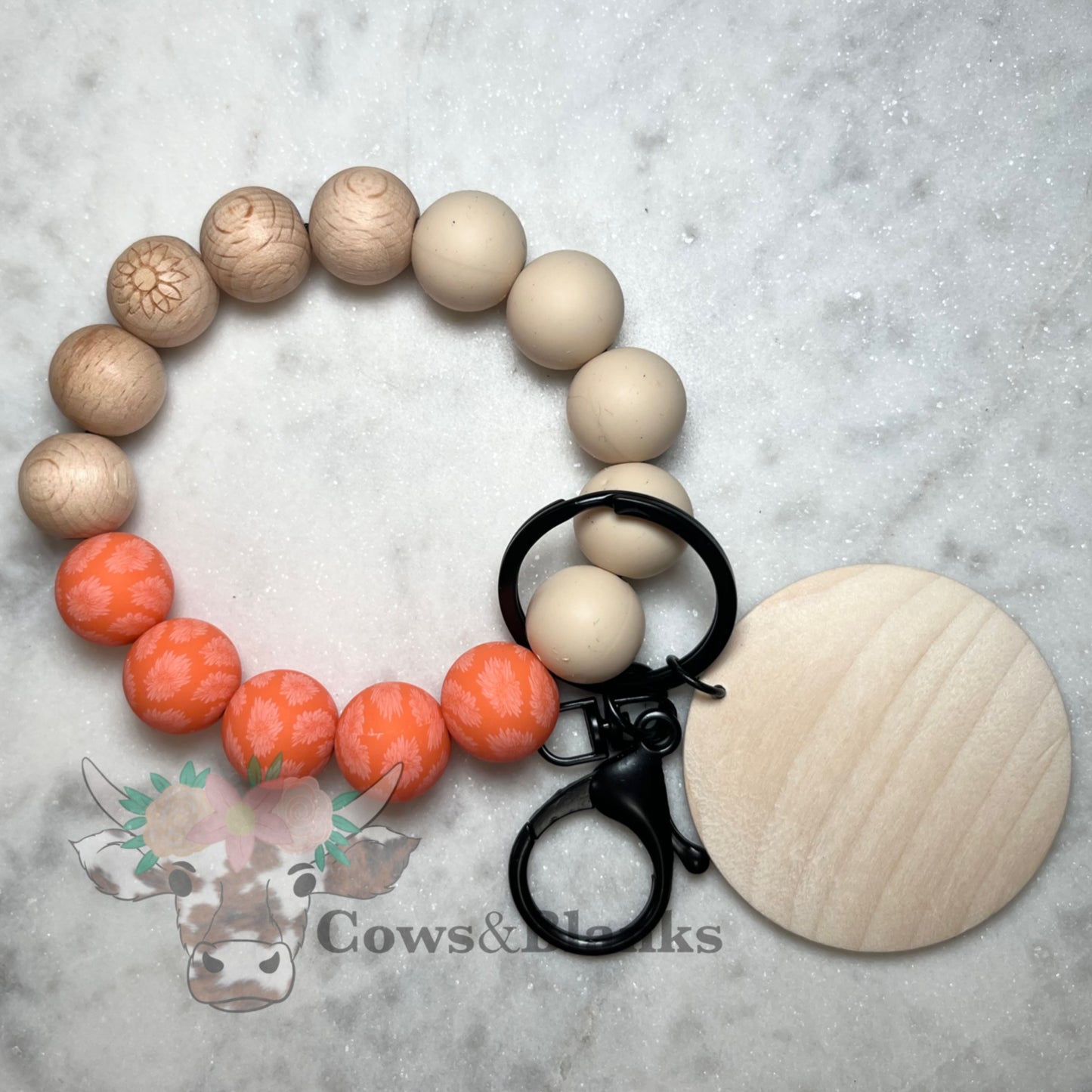 Daisy Engraved Wooden Bead with Coral Silicone Beads accepted with Daisies, and Solid Beige Silicone Bead Stretch Wristlet Bracelet Keychain with Wooden Disc