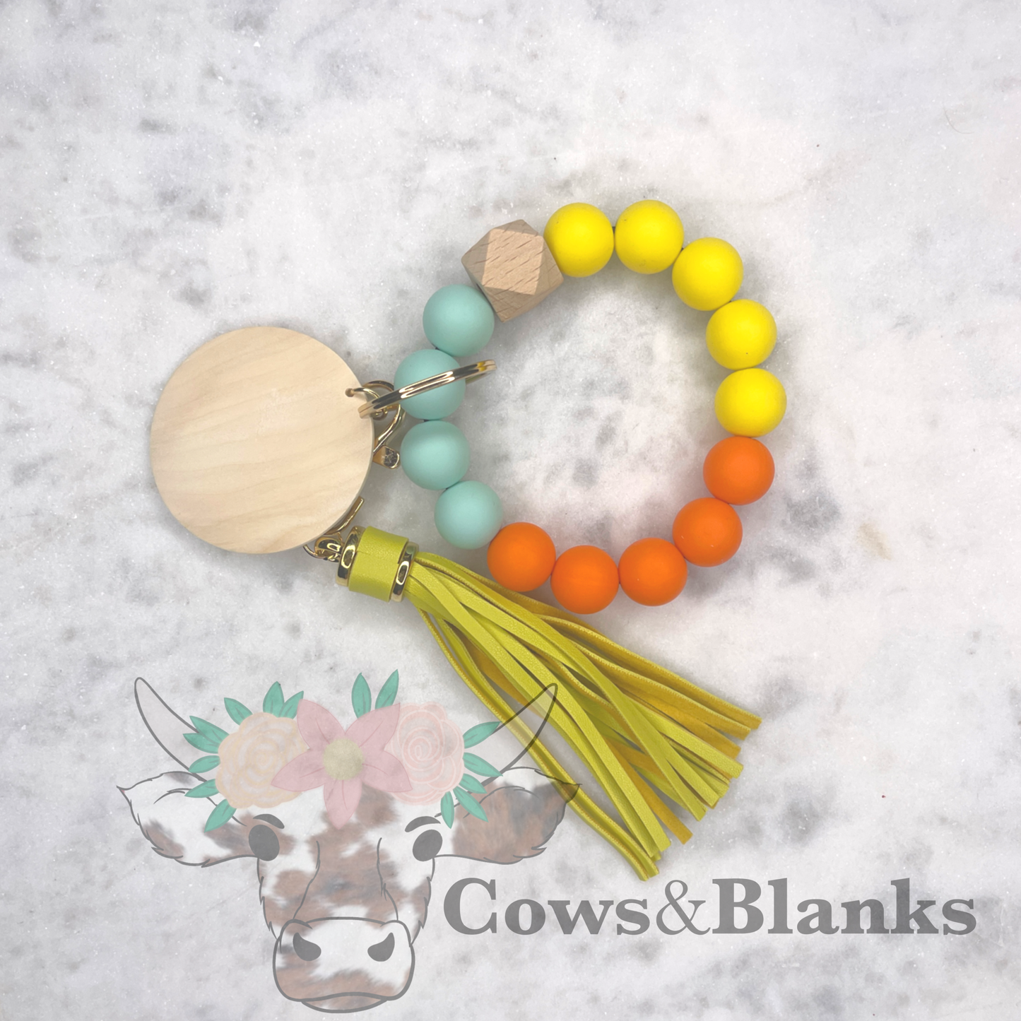 Trio Pluss One Silicone Stretch Brightly Colored Wristlet Bracelet Keychain with Wooden Disc and Tassel