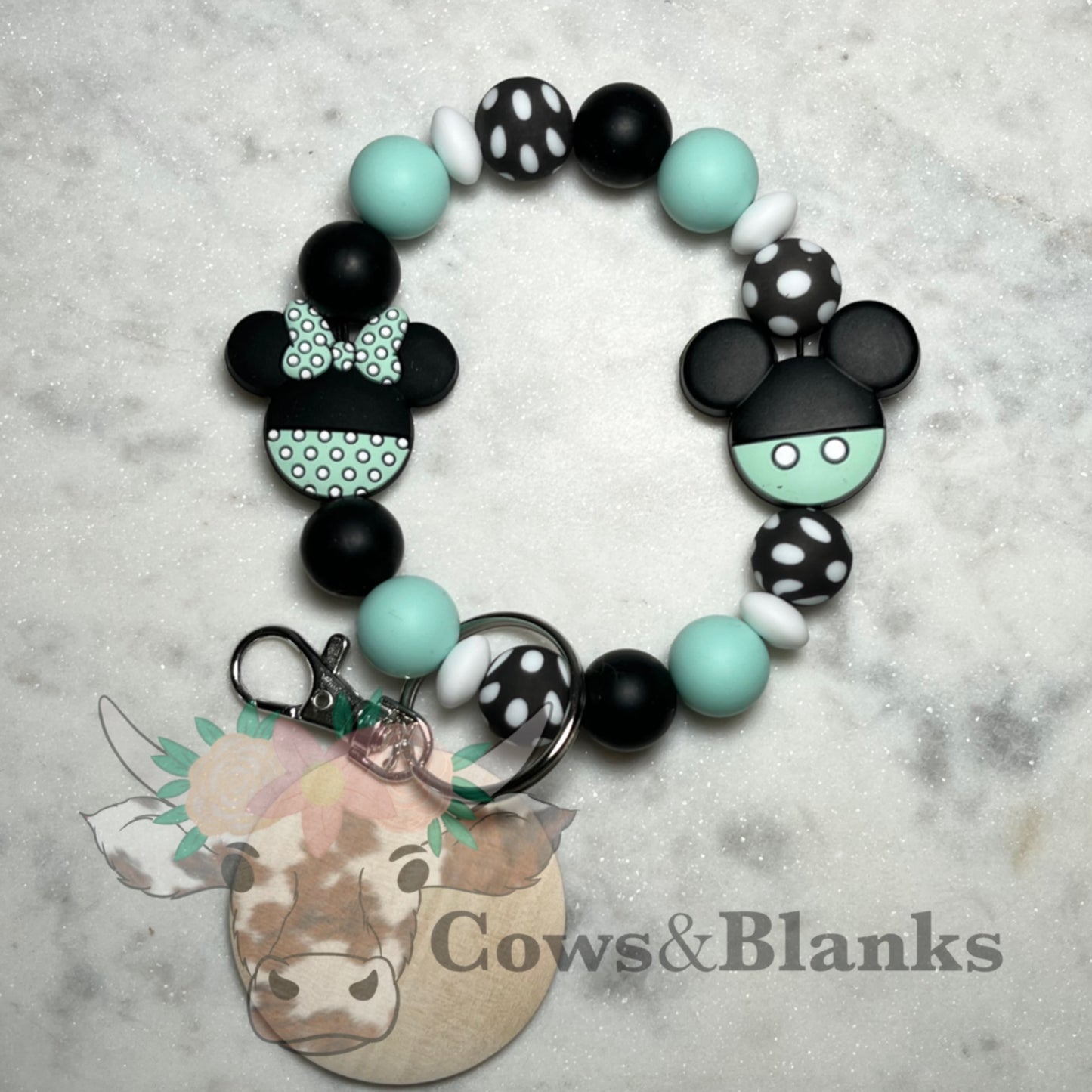 Minnie and Mickey Mouse Teal Charm Silicone Beaded Stretch Wristlet Bracelet Keychain with Wooden Disc