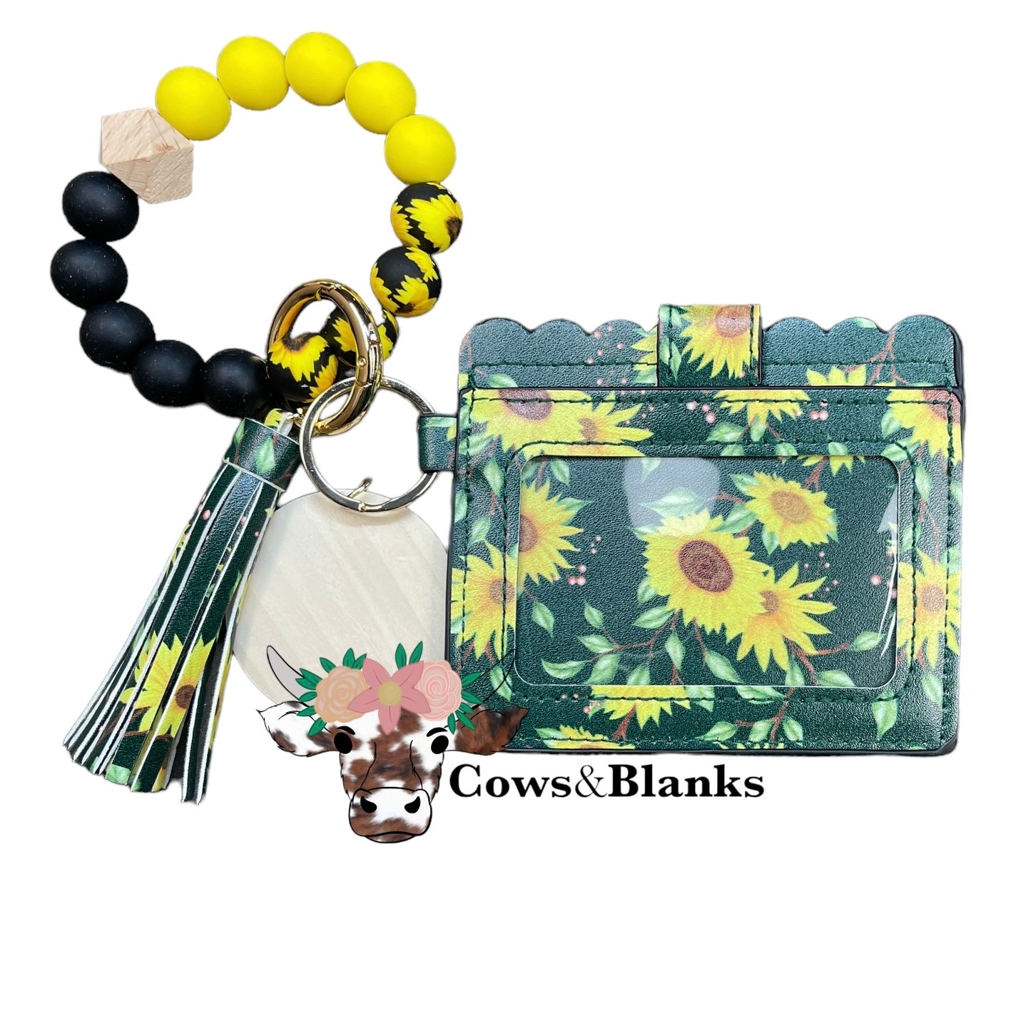 Wallet/Wristlet with Dark Green with Sunflowers Cardholder and a Black, Yellow, and Sunflower Silicone Beaded Wristlet with a Wooden Accent Bead, Gold Hardware, Matching Tassel, and a Wooden Disc