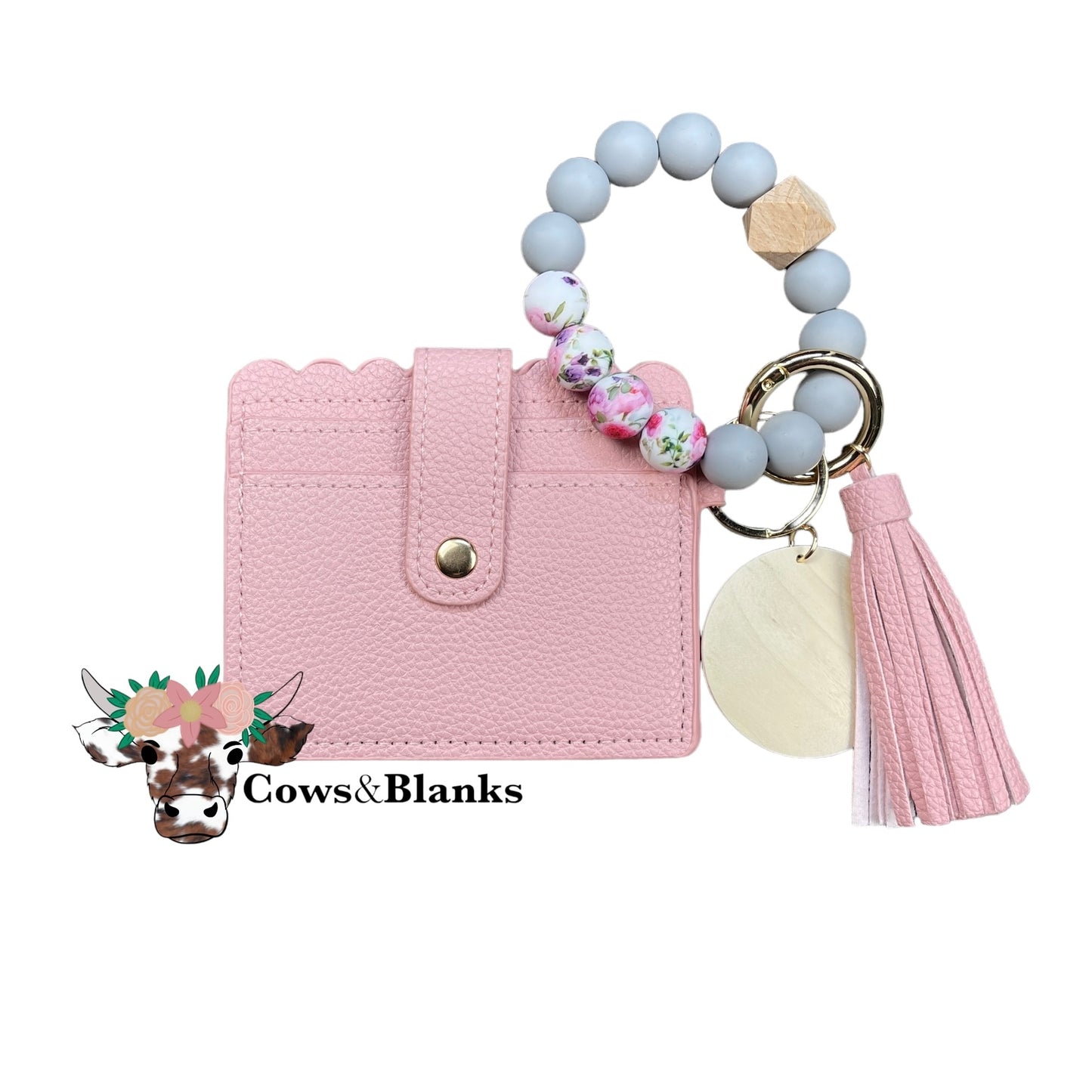 Wallet/Wristlet with Solid Pink Cardholder and a Silicone Soft Blue and Pink Floral Beaded Wristlet with  a Wooden Accent Bead