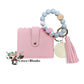 Wallet/Wristlet with Solid Pink Cardholder and a Silicone Soft Blue and Pink Floral Beaded Wristlet with  a Wooden Accent Bead