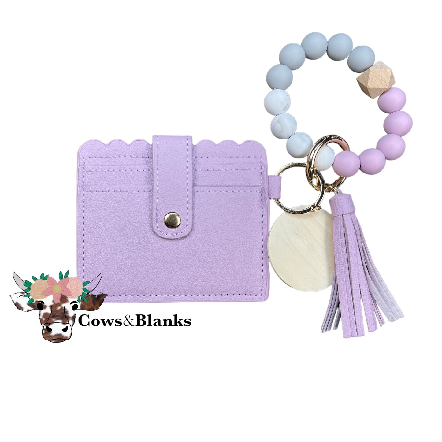 Wallet/Wristlet with Solid Lavender Cardholder and a Gray, Marble, and Lavender Silicone Beaded Wristlet with  a Wooden Accent Bead and Lavender Tassel.