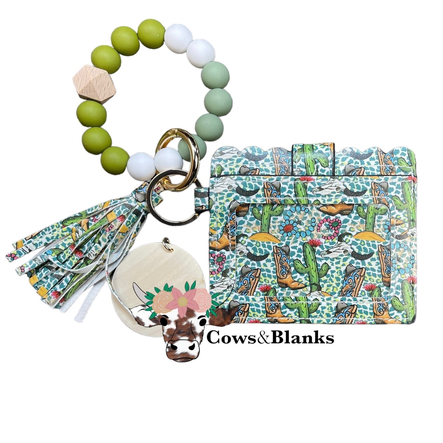Wallet/Wristlet with Western Style Cardholder and a Aqua, Olive, and White Silicone Beaded Wristlet with  a Wooden Accent Bead and a Matching Tassel.