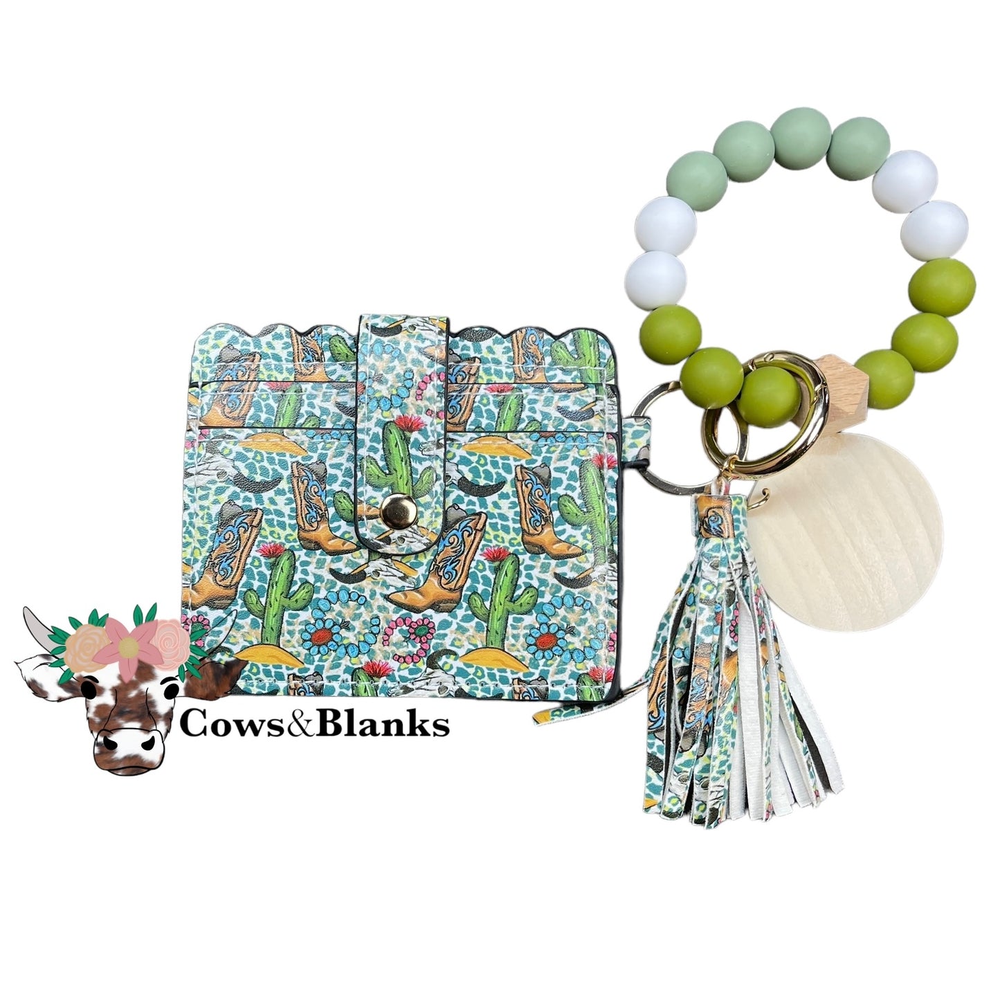 Wallet/Wristlet with Western Style Cardholder and a Aqua, Olive, and White Silicone Beaded Wristlet with  a Wooden Accent Bead and a Matching Tassel.
