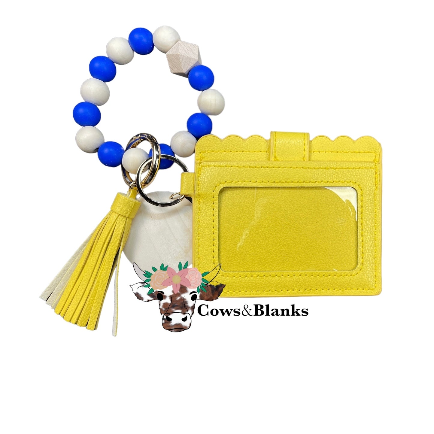 Wallet/Wristlet with Solid Sunny Yellow Cardholder and a Blue and White Silicone Beaded Wristlet with  a Wooden Accent Bead