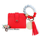 Wallet/Wristlet with Solid Red Cardholder with a White Marble, Red, and Gray Silicone Beaded Wristlet with a Wooden Accent Bead, Gold Hardware, Matching Tassel, and a Wooden Disc