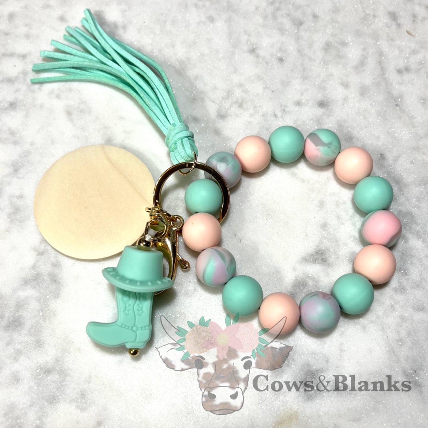Western Cowboy Charm Silicone Beaded Stretch Wristlet Bracelet Keychain with Wooden Disc and Tassel