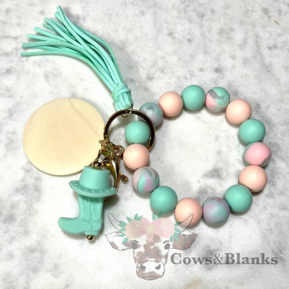 Western Cowboy Charm Silicone Beaded Stretch Wristlet Bracelet Keychain with Wooden Disc and Tassel
