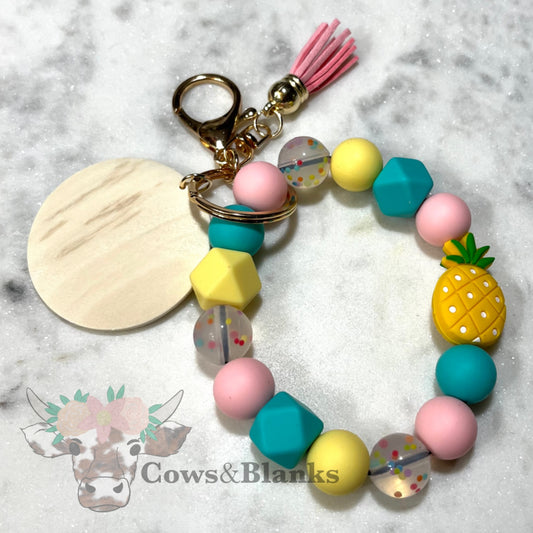 Pineapple Summer Fun Silicone Beaded Stretch Wristlet Bracelet Keychain with Wooden Disc and Tassel