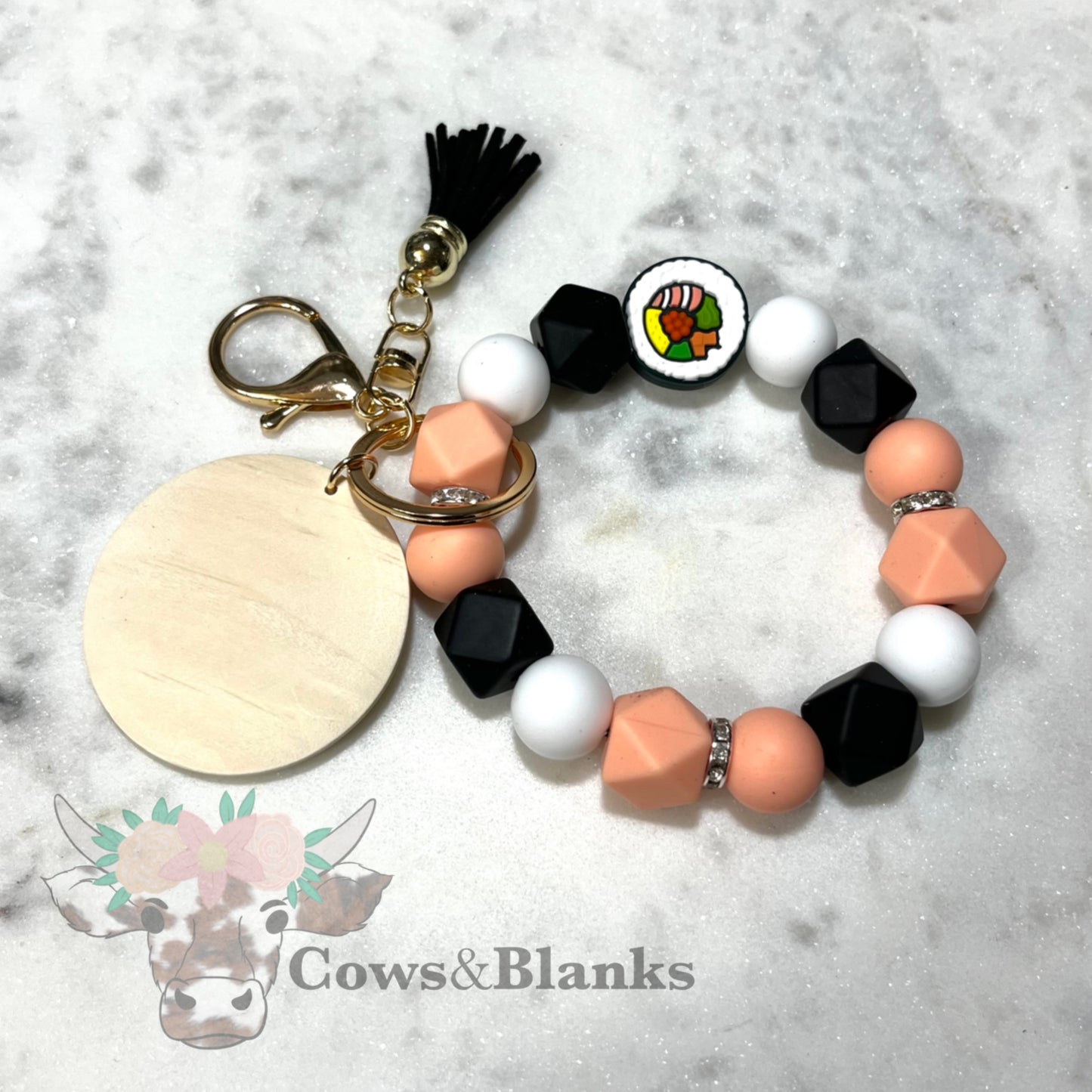 Sushi Silicone Beaded Stretch Wristlet Bracelet  Keychain with Wooden Disc and Tassel