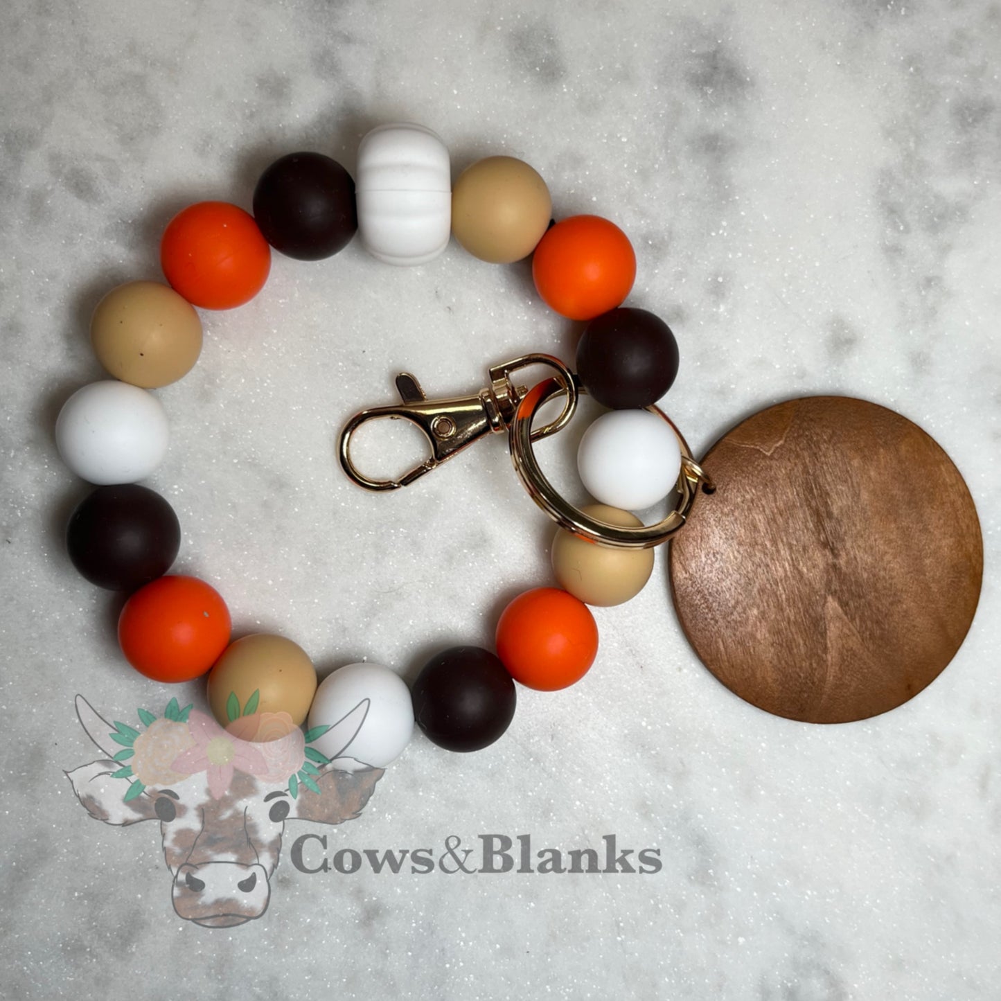 AUTUMN WHITE PUMPKIN SILICONE BEADS WITH MOCHA, ORANGE AND BEIGE ACCENT BEAD  STRETCH WRISTLET BRACELET  WITH WOODEN DISC