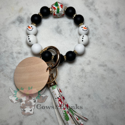 Christmas  Snowman formed with Silicone Bead with Black Accent Beaded Stretch Wristlet Bracelet Keychain with Wooden Disc and Christmas Tassel
