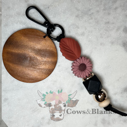 Daisy Silicone Bead Keychain with Leaf Silicone, and Black Silicone  Beads with Wooden Disc