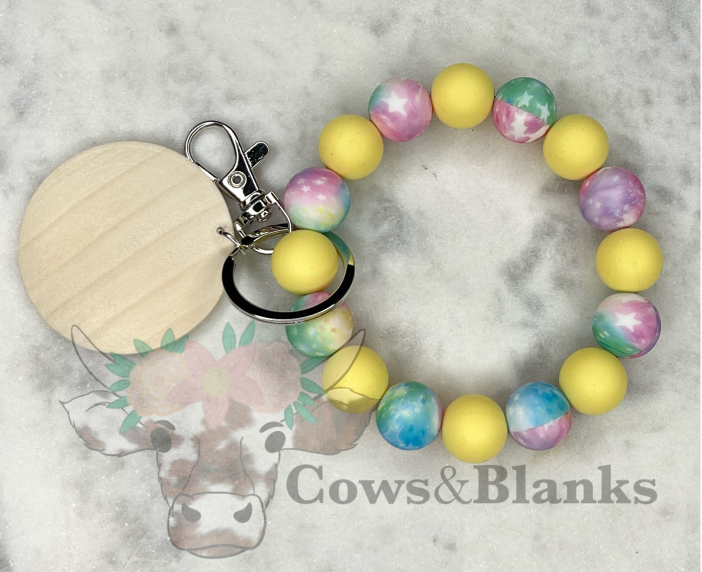 Celestial Galaxy Star Themed Colorful Silicone Stretch Wristlet Bracelet Keychain with Wooden Disc