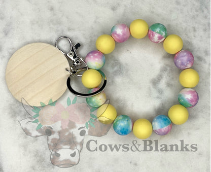 Celestial Galaxy Star Themed Colorful Silicone Stretch Wristlet Bracelet Keychain with Wooden Disc