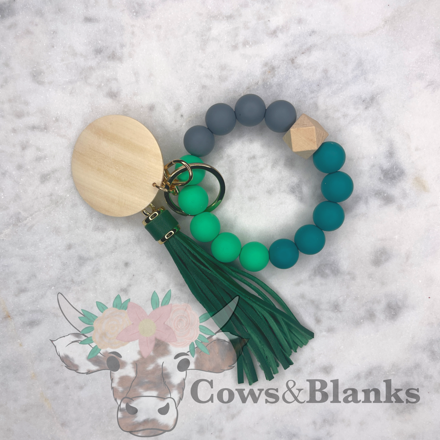 Trio Pluss One Silicone Stretch Brightly Colored Wristlet Bracelet Keychain with Wooden Disc and Tassel
