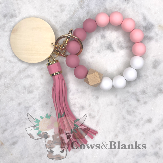 Marbled Pastels and Grays Stretch Silicone Wristlet Bracelet Keychain with Wooden Disc and Tassel