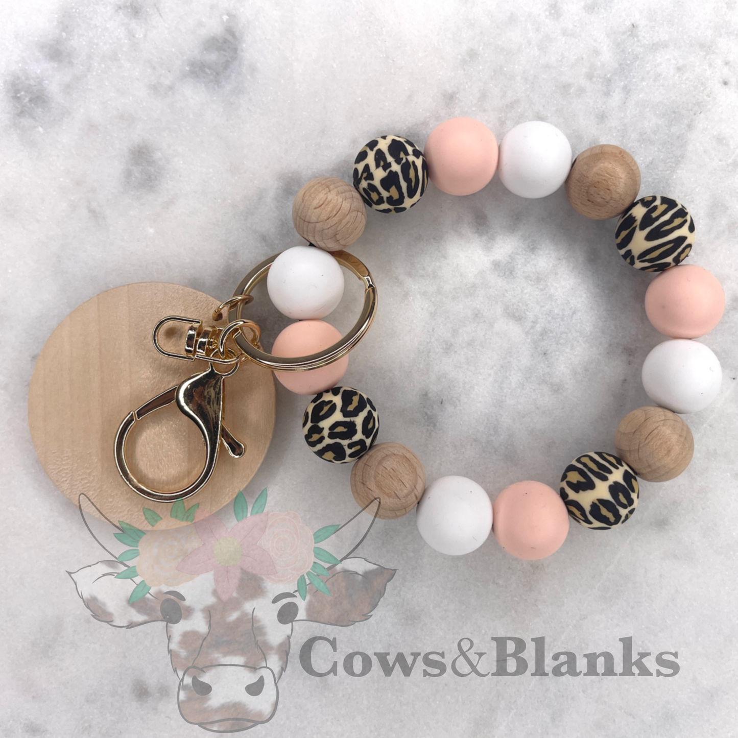 BOHO LEOPARD ACCENT SILICONE BEADED WRISTLET BRACELET WITH WOODEN DISC