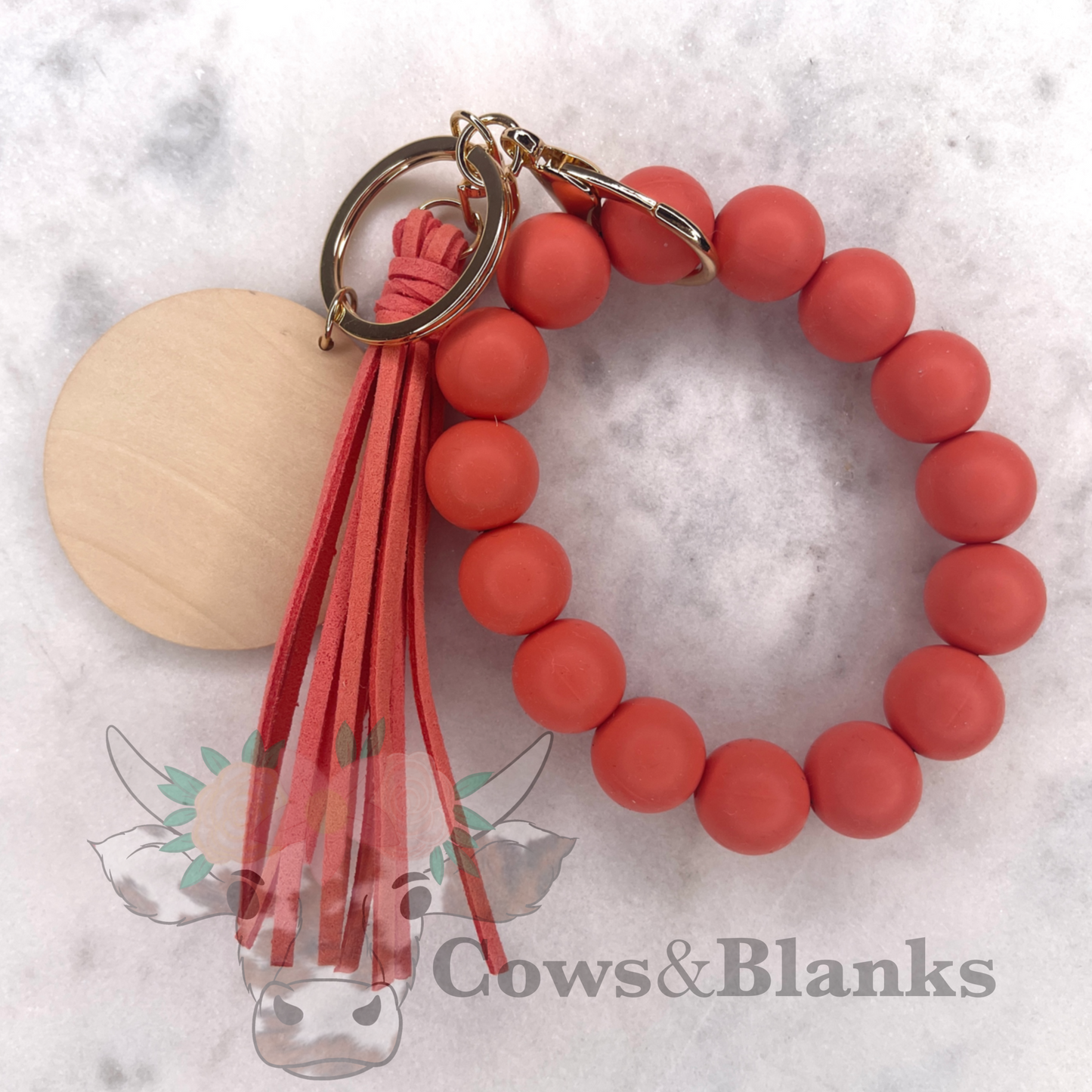 Solid Colored Silicone Wristlet Bracelet Keychain with Wooden Disc and Tassel