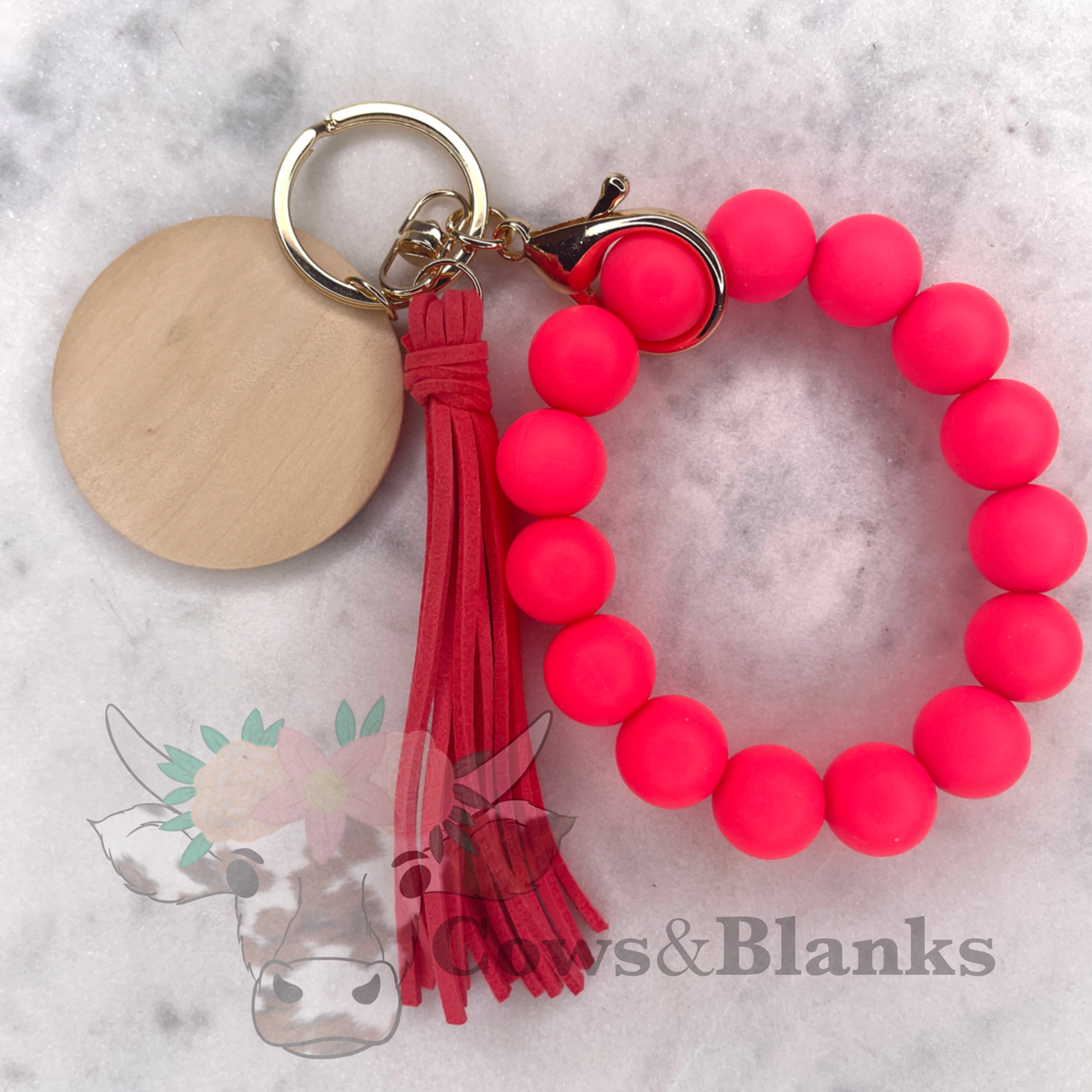 Solid Colored Silicone Wristlet Bracelet Keychain with Wooden Disc and Tassel