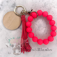 Solid Colored Silicone Wristlet Bracelet Keychain with Wooden Disc and Tassel