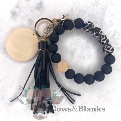 Leopard Accent Silicone Beaded Wristlet Bracelet Keychain