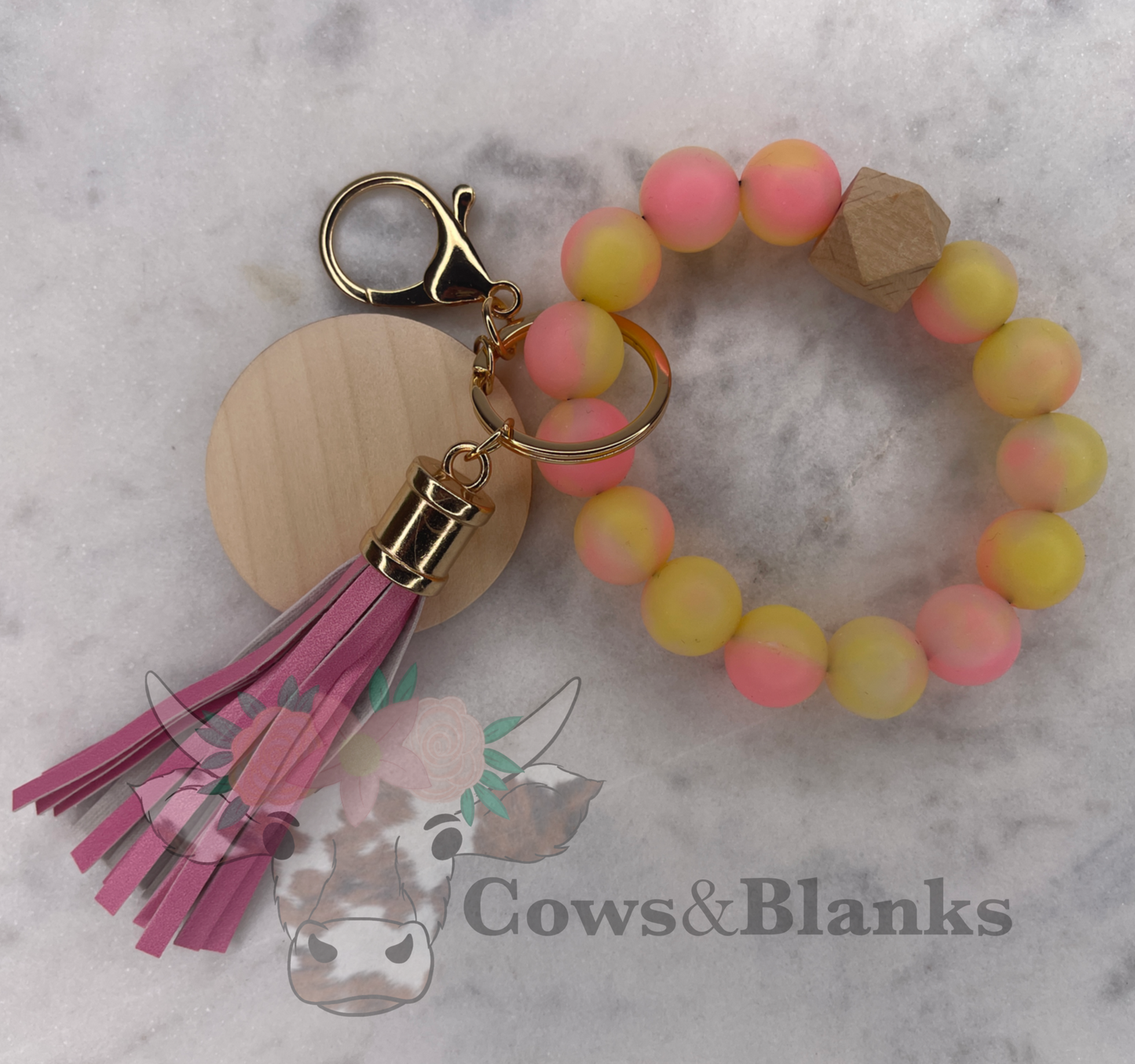 Marbled Ombre Silicone Stretch Wristlet Bracelet Keychain with Wooden Disc and Tassel