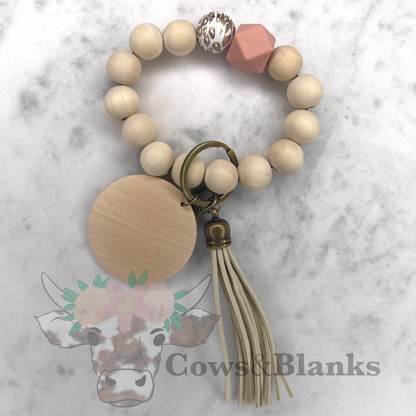 Gold Leopard Wooden Beaded Wristlet Bracelet Keychain