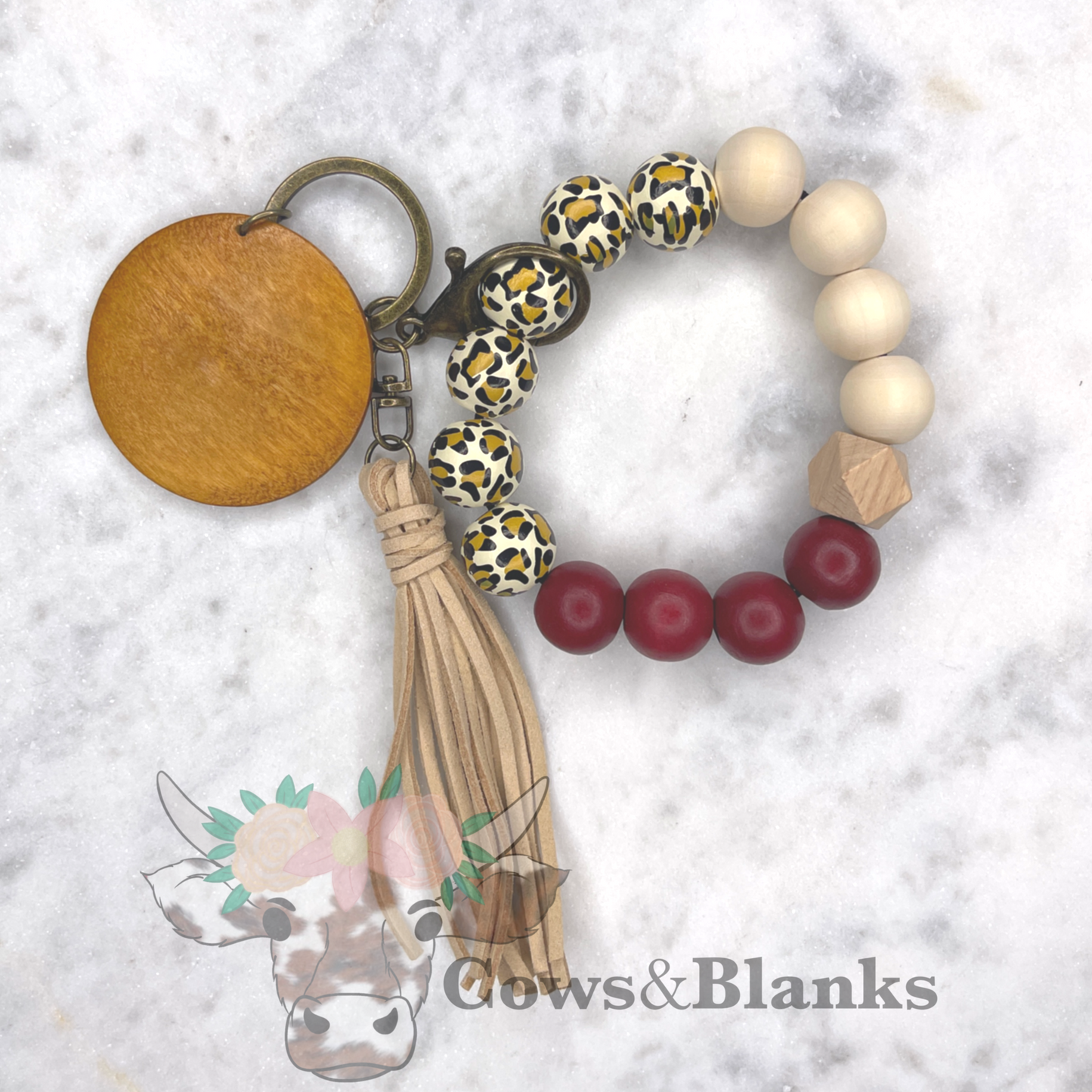 Cheetah, Maroon and Natural Wood Beaded Stretch Wristlet Bracelet Keychain with Wooden Disc and Tassel