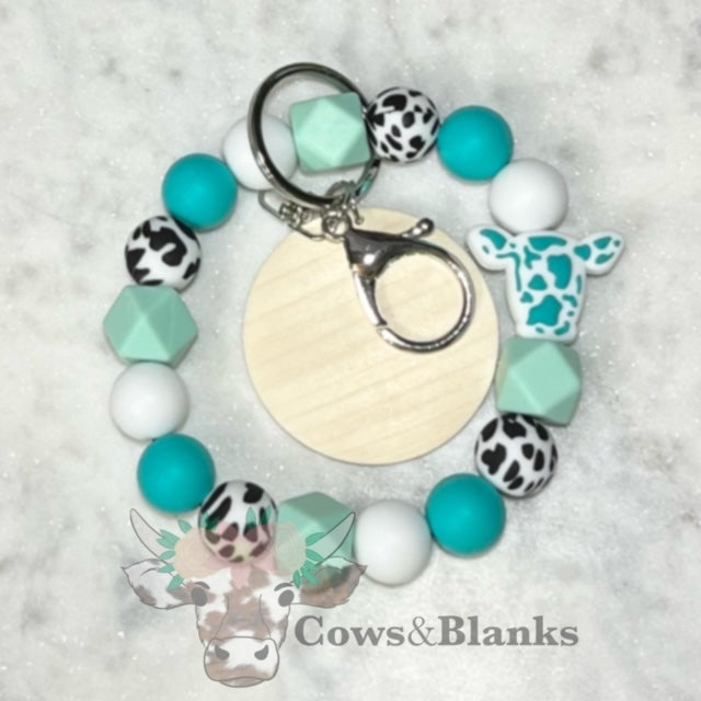 COW HEAD AND PRINT SILICONE BEADED STRETCH WRISTLET WITH WOODEN DISC