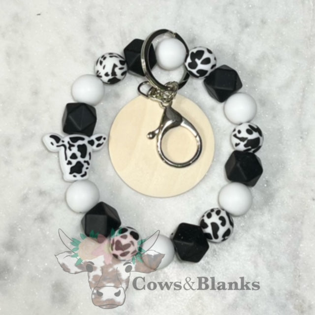 COW HEAD AND PRINT SILICONE BEADED STRETCH WRISTLET WITH WOODEN DISC