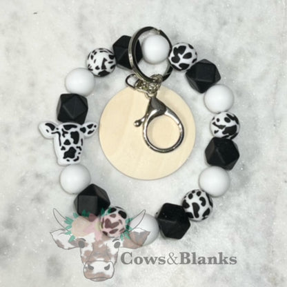 COW HEAD AND PRINT SILICONE BEADED STRETCH WRISTLET WITH WOODEN DISC
