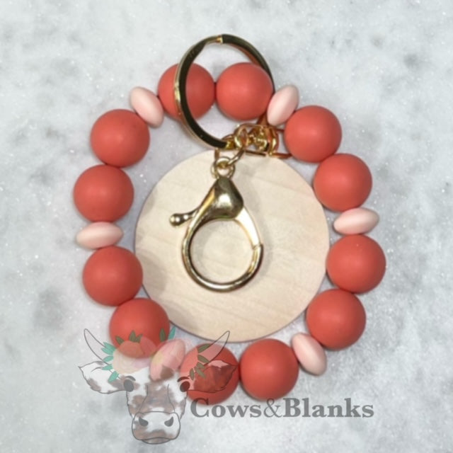 ALEXANDRA SILICONE BEADED STRETCH WRISTLET BRACELET KEYCHAIN  WITH WOODEN DISC