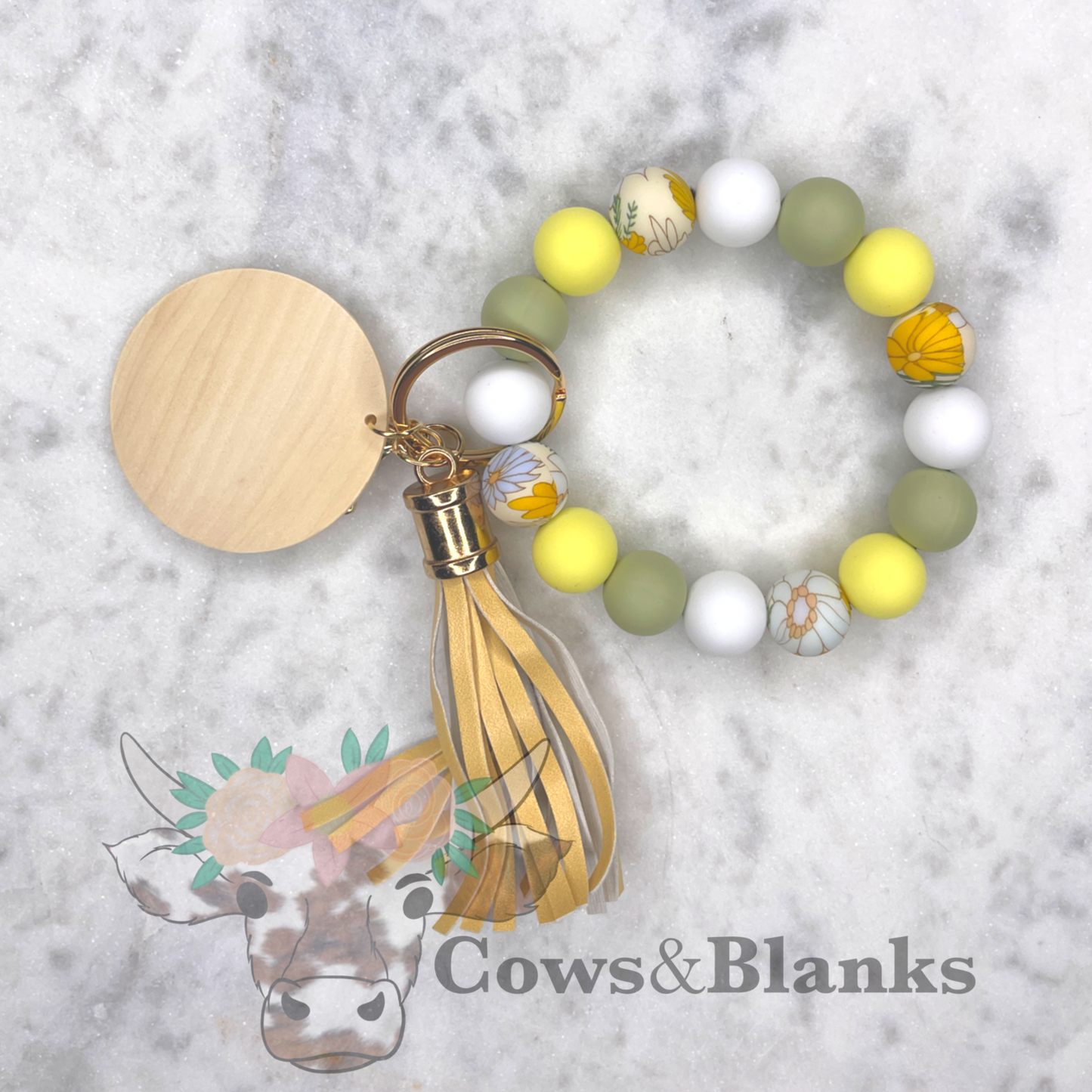 Floral Silicone Stretch Wristlet Bracelet Keychain with Wooden Disc and Tassel