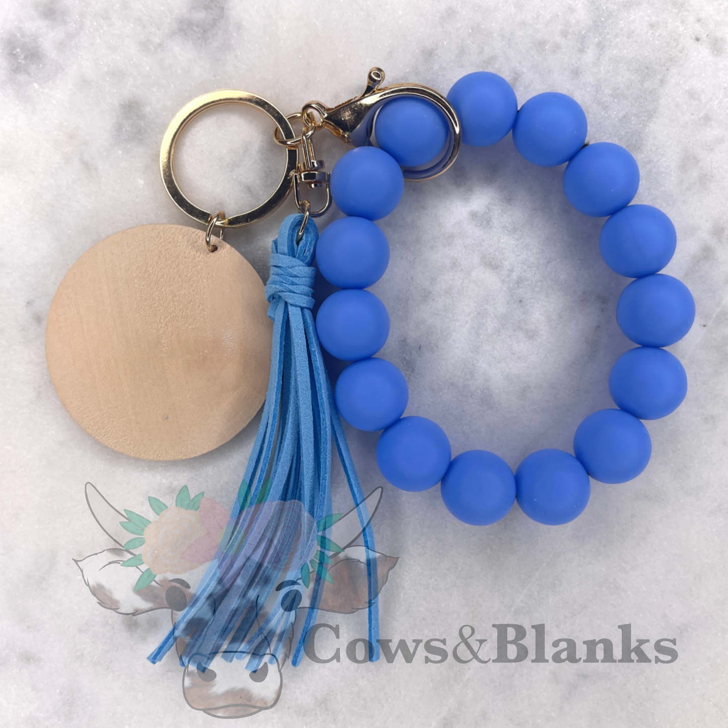Solid Colored Silicone Wristlet Bracelet Keychain with Wooden Disc and Tassel