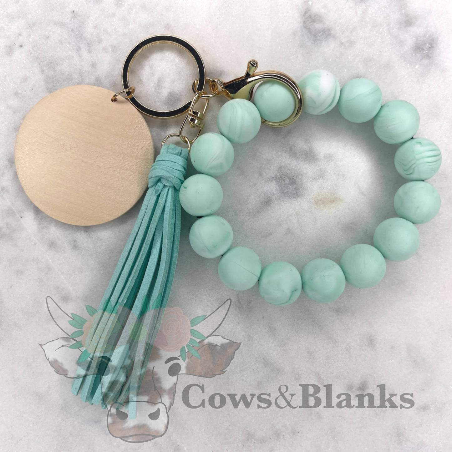 Solid Colored Silicone Wristlet Bracelet Keychain with Wooden Disc and Tassel