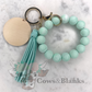 Solid Colored Silicone Wristlet Bracelet Keychain with Wooden Disc and Tassel