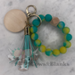 Marbled Ombre Silicone Stretch Wristlet Bracelet Keychain with Wooden Disc and Tassel