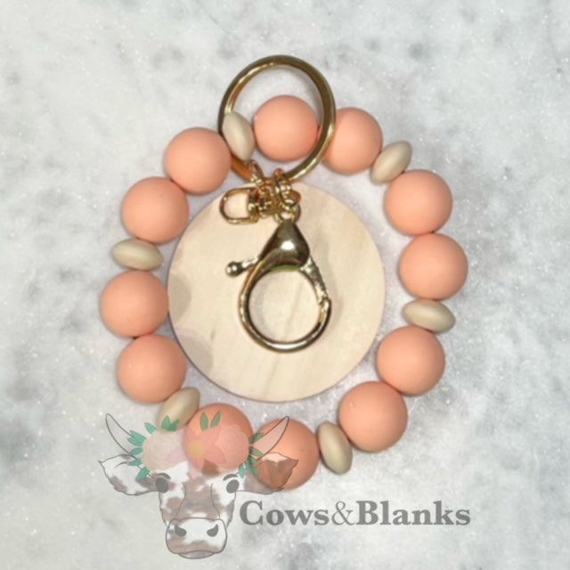 ALEXANDRA SILICONE BEADED STRETCH WRISTLET BRACELET KEYCHAIN  WITH WOODEN DISC