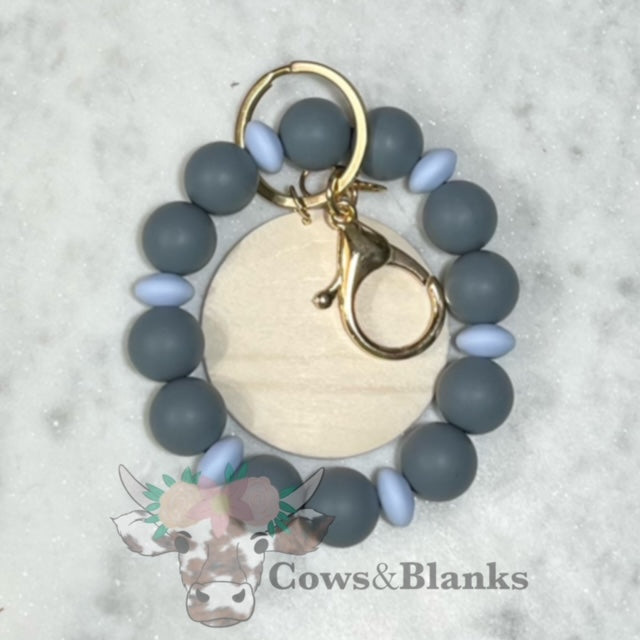 ALEXANDRA SILICONE BEADED STRETCH WRISTLET BRACELET KEYCHAIN  WITH WOODEN DISC