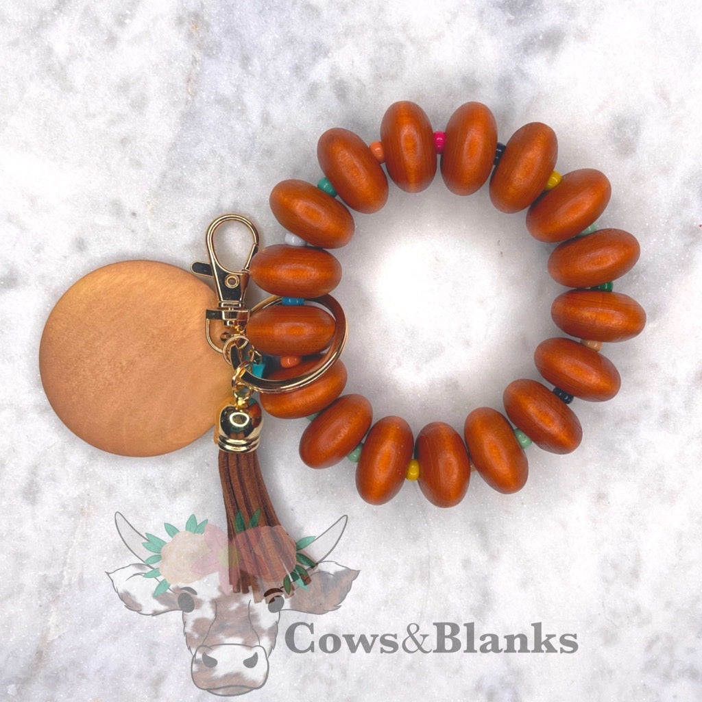 ABACUS COLORED BEADS WOODEN WRISTLET BRACELET KEYCHAIN  WITH WOODEN  DISC AND TASSEL