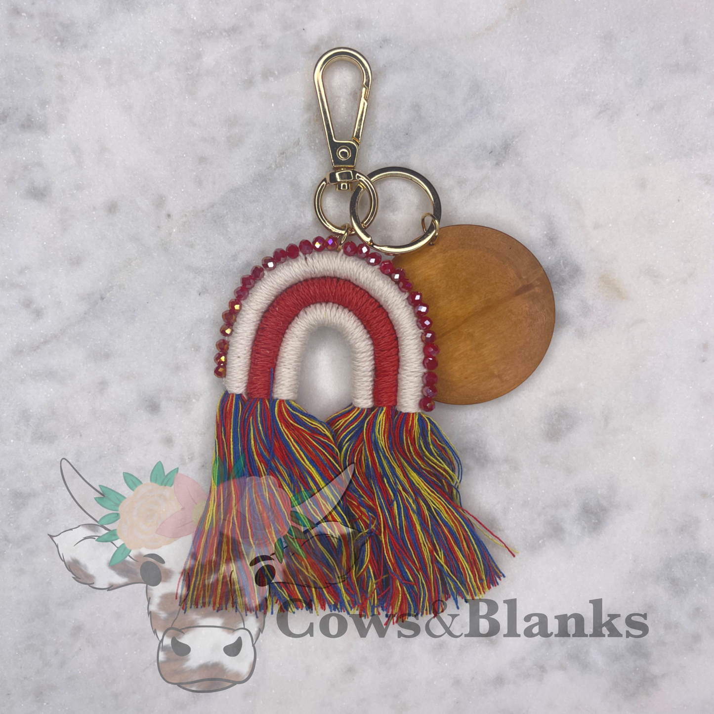 Rainbow Bohemian Macrame Keychain with Dark Disc