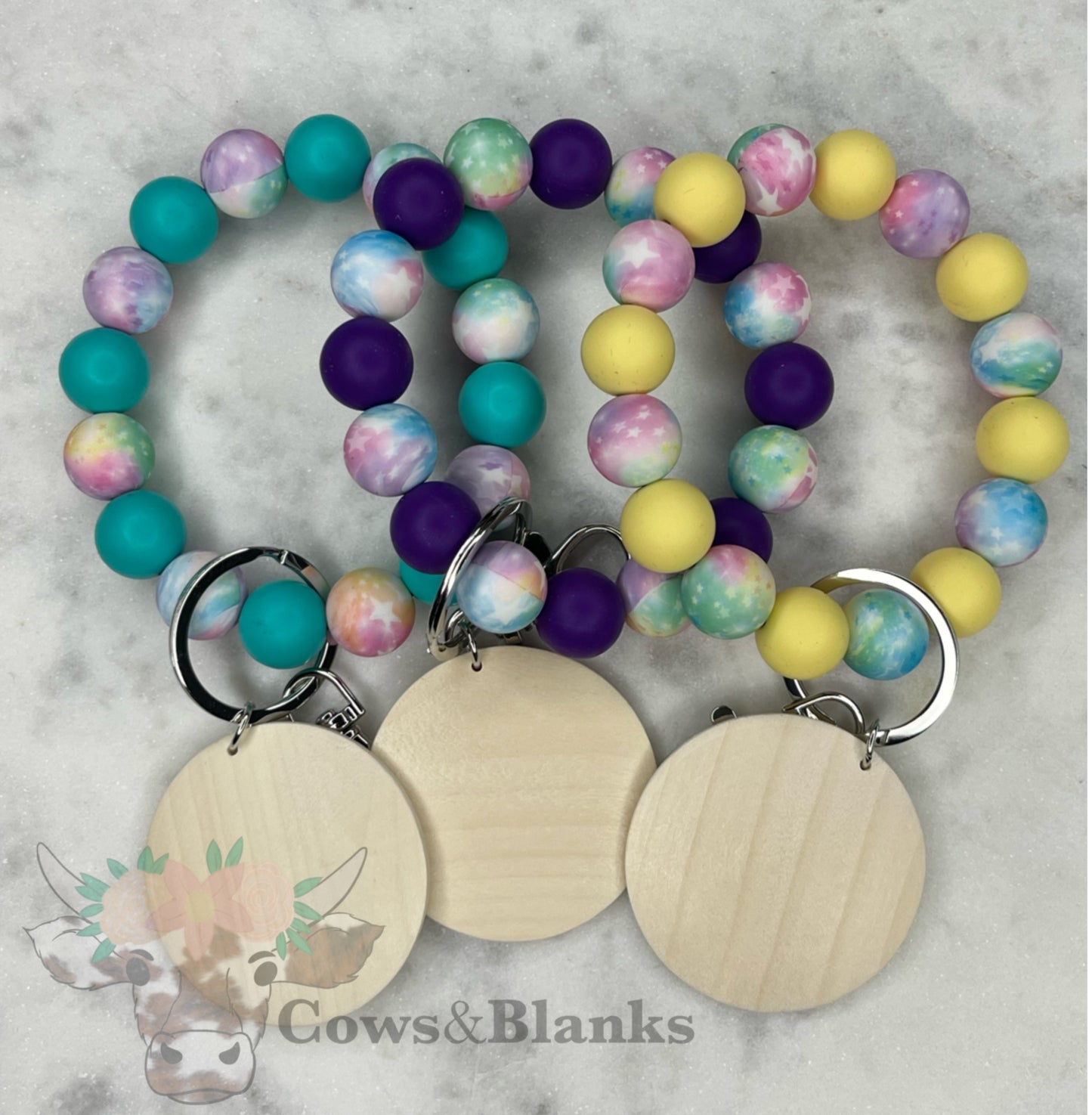 Celestial Galaxy Star Themed Colorful Silicone Stretch Wristlet Bracelet Keychain with Wooden Disc